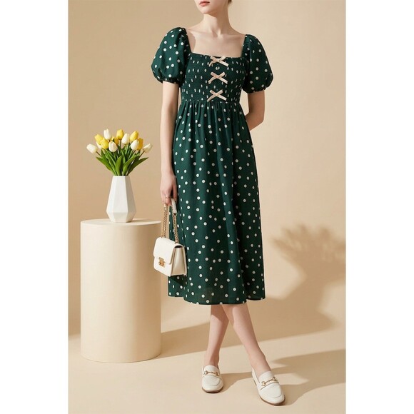 idem ditto® Dresses & Skirts - idem ditto Dress Womens Size S Dark Green Polka Dot Smocked Midi Puff